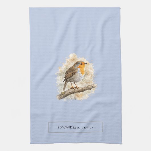 Lieve aquarel Robin vogel gepersonaliseerd Theedoek (Verticaal)