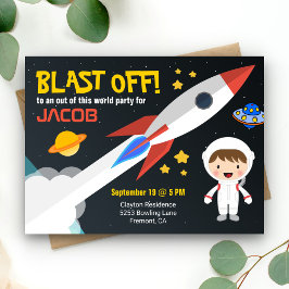 Lieve astronaut jongens buitenruimte verjaardagsfe uitnodiging briefkaart