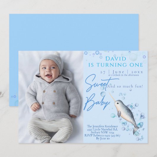 Lieve baby Narwhal 1-jarig feest Kaart (Voorkant / Achterkant)