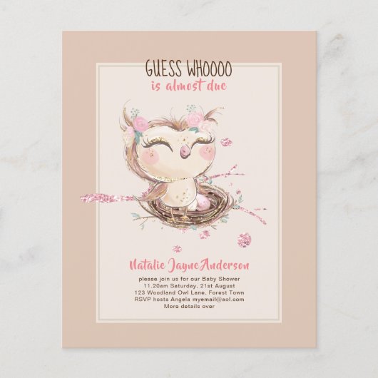 Lieve baby OWL shower uitnodiging voor meisjes of Flyer (Voorkant)