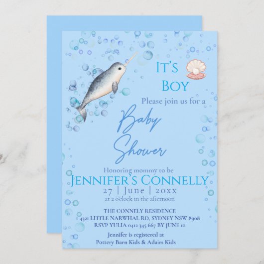 Lieve Baby shower van de baby Narwhal borrelt Kaart (Voorkant / Achterkant)