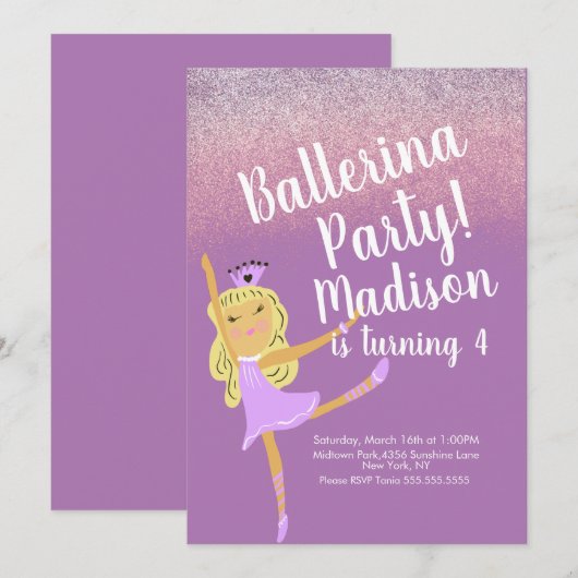 Lieve Ballerina Feest Uitnodiging  (Voorkant / Achterkant)