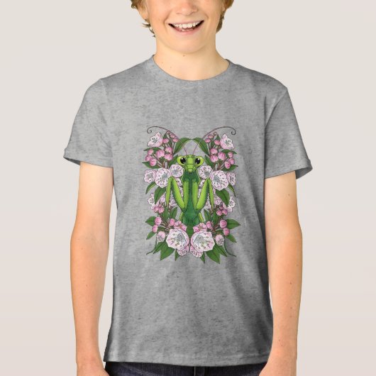 Lieve bidsprinkhaan en berglaurier Tri-Blend shirt (Voorkant)