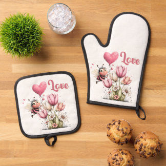 Lieve Bij Liefde Hart Ballon Lente Bloemen Ovenwant & Pannenlap Set