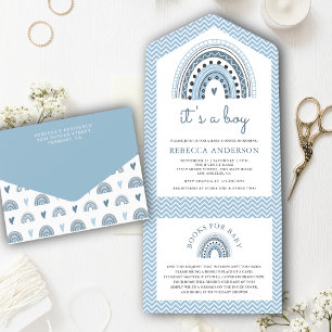 Lieve Blauwe Aquarel Boho Regenboog Baby Shower All In One Uitnodiging