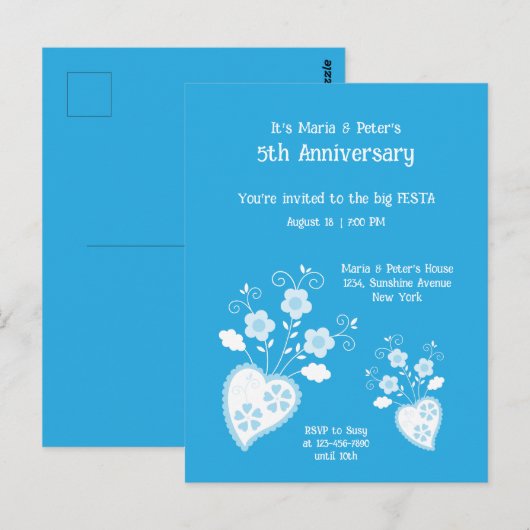 Lieve blauwe bloesem hart verjaardagsuitnodiging briefkaart (Voorkant / Achterkant)