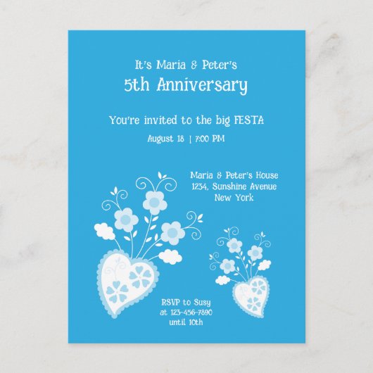 Lieve blauwe bloesem hart verjaardagsuitnodiging briefkaart (Voorkant)