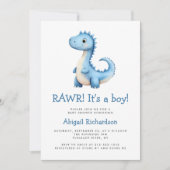 Lieve Blauwe Dinosaur QR Code Jongens Baby Shower Kaart (Voorkant)