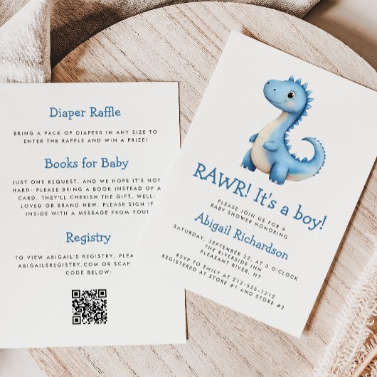 Lieve Blauwe Dinosaur QR Code Jongens Baby Shower Kaart