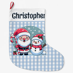 Lieve Blauwe En Witte Gingham Kerstman En Sneeuwma Grote Kerstsok