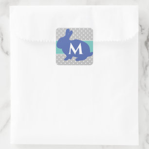 Lieve Blauwe Konijn op Grijze Stippen Monogram Vierkante Sticker