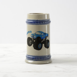 Lieve blauwe monstertruck cartoonillustratie bierpul