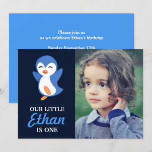 Lieve Blauwe Pinguïn Baby Jongen Eerste Verjaardag Kaart