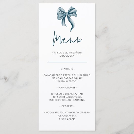 Lieve Blauwe Strik Quinceañera Menu (Voorkant)