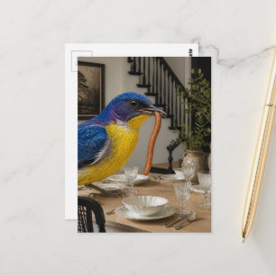 Lieve Blauwe Vogel in de Eetkamer Surrealistische Briefkaart