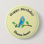 Lieve Blauwe Vogel Verjaardag Ronde Speld Button 7,6 Cm (Voorkant)