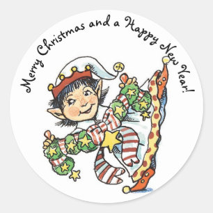 Lieve blije elf die danst, retro kerstcartoon ronde sticker
