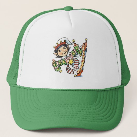 Lieve blije elf die danst, retro kerstcartoon trucker pet (Voorkant)