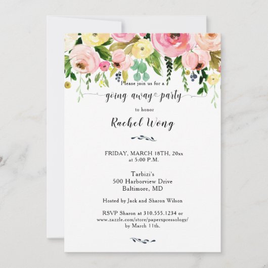 Lieve Blush Floral Moving Away Party Foto Kaart (Voorkant)