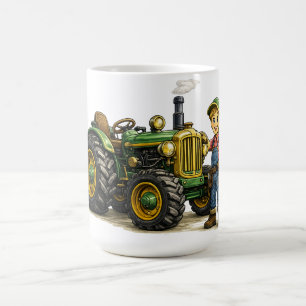 Lieve boerenjongen met vintage groene tractor kuns koffiemok