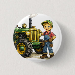 Lieve boerenjongen met vintage groene tractor kuns ronde button 3,2 cm