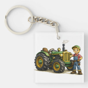 Lieve boerenjongen met vintage groene tractor kuns sleutelhanger