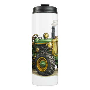 Lieve boerenjongen met vintage groene tractor kuns thermosbeker