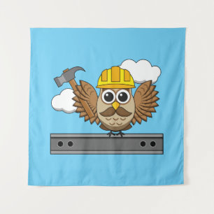 Lieve Bouwwerker Uil met Veiligheidshelm Cartoon Wandkleed