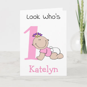 Lieve Cartoon Baby Meisje 1e Verjaardag Kaart