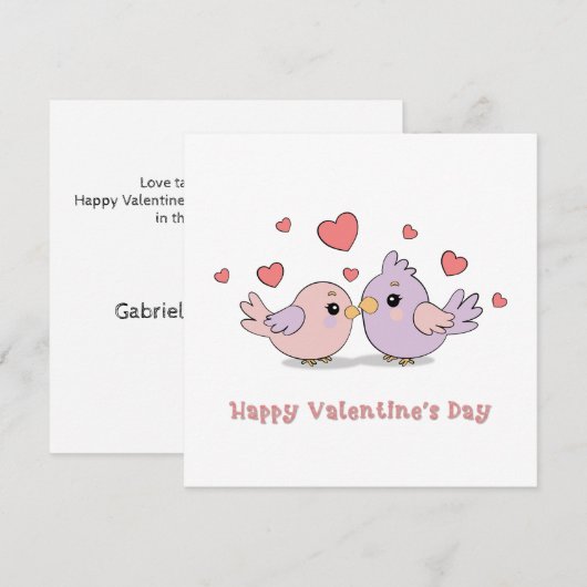 Lieve Cartoon Liefdesvogels Roze Harten Valentijns Feestdagenkaart (Voorkant / Achterkant)