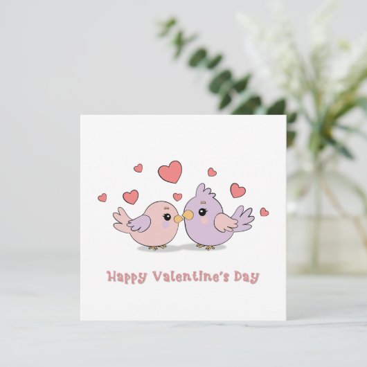 Lieve Cartoon Liefdesvogels Roze Harten Valentijns Feestdagenkaart (Staand voorkant)