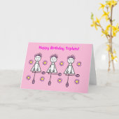 Lieve Cartoon Meisjes Drie-eiige Roze Verjaardagsk Kaart (Gele Bloem)