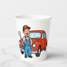 Lieve Cartoon Monteur met Illustratie van Rode Aut Papieren Bekers