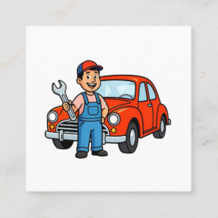 Lieve Cartoon Monteur met Illustratie van Rode Aut Vierkante Visitekaartje