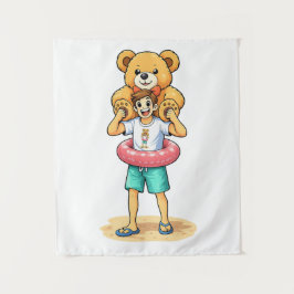 Lieve Cartoonman met Reusachtige Teddibeer Zomerpr Wandkleed