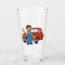 Lieve Cartoonmonteur met Illustratie van Rode Auto Glas