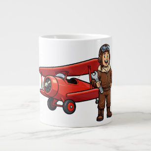 Lieve Cartoonmonteur met Illustratie van Rode Auto Grote Koffiekop