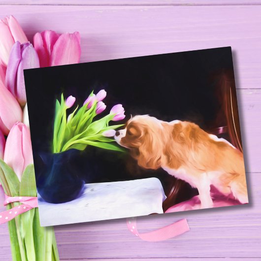 Lieve Cavalier King Charles & Roze Tulpen Briefkaart