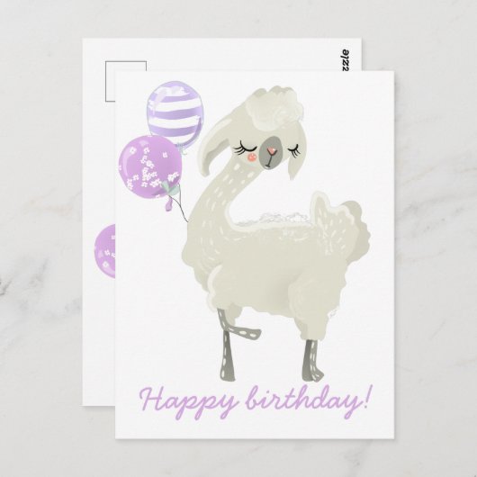 Lieve Dansende Lama met Ballonnen - Kinderverjaard Briefkaart (Voorkant / Achterkant)