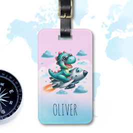 Lieve Dino Trex Piloot Vliegt in Straalvliegtuig Bagagelabel