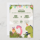Lieve Dinosaur Kinderen Dubbele Verjaardagsviering Kaart (Voorkant)