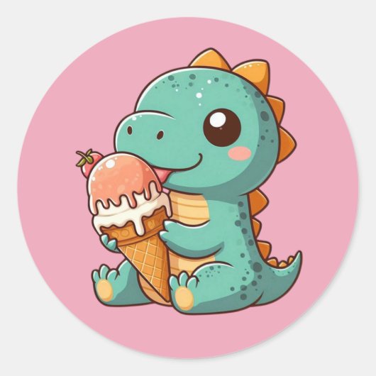 Lieve dinosaurus die ijs eet ronde sticker (Voorkant)