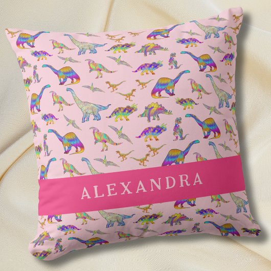 Lieve dinosaurus gepersonaliseerde naam roze kussen