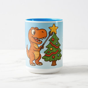 Lieve dinosaurus met kerstboom tweekleurige koffiemok