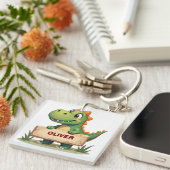 Lieve dinosaurus met naam bord gepersonaliseerd sleutelhanger (Voorkant Rechts)