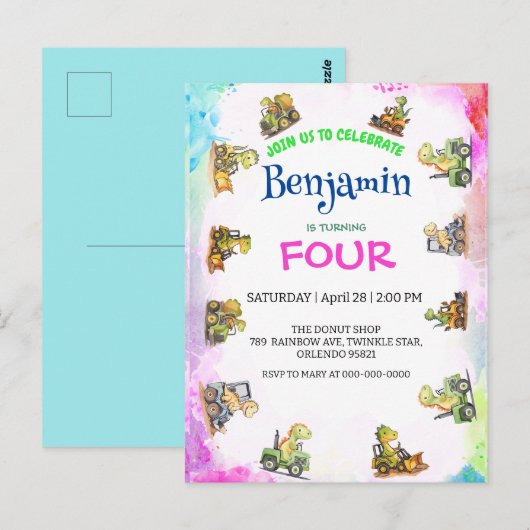 Lieve dinosaurus-tractor Regenboog B2S School Verj Briefkaart (Voorkant / Achterkant)