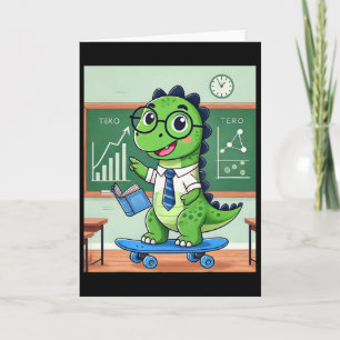 Lieve dinosaurusleraar skateboarden in het klaslok kaart
