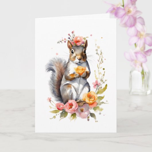 Lieve eekhoorn met lente bloemen blanco kaart (Orchidee)