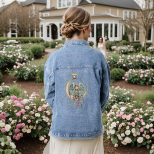 Lieve engel zittend op de maan met uil vriend denim jacket