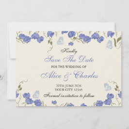 Lieve Erwt Bloemig Blauw en Crème Save the Date Kaart